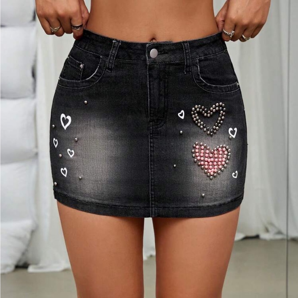 Embellished Black Denim Skirt